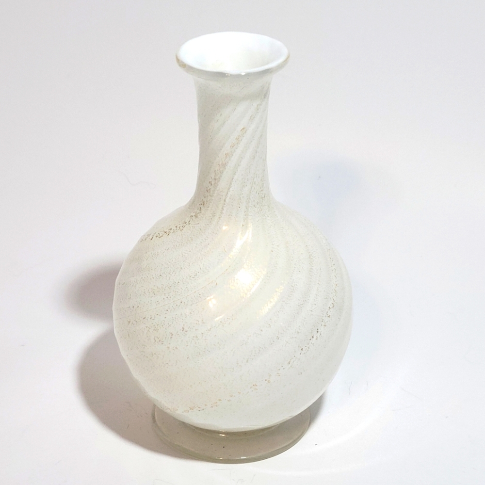 White Bud Vase With Gold Shimmering Flakes Swirled Vintage Handmade